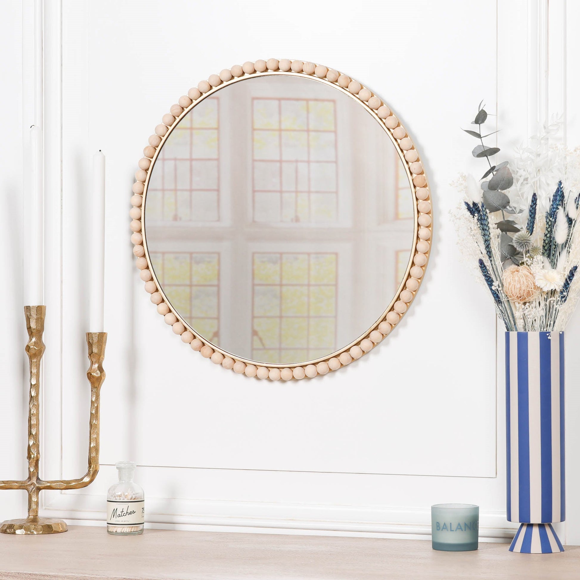 Wooden Bobble Round Wall Mirror  CasaFenix