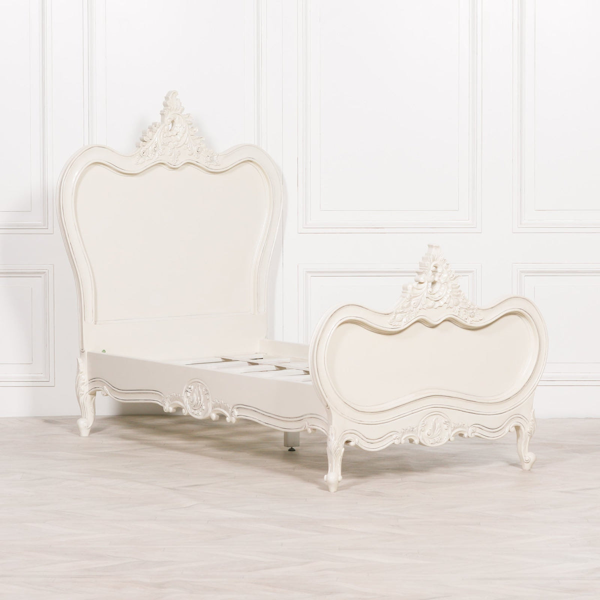French Chateau White Carved Mahogany Single Bed Frame with Tall Headboard 3ft Beds & Bed Frames CasaFenix
