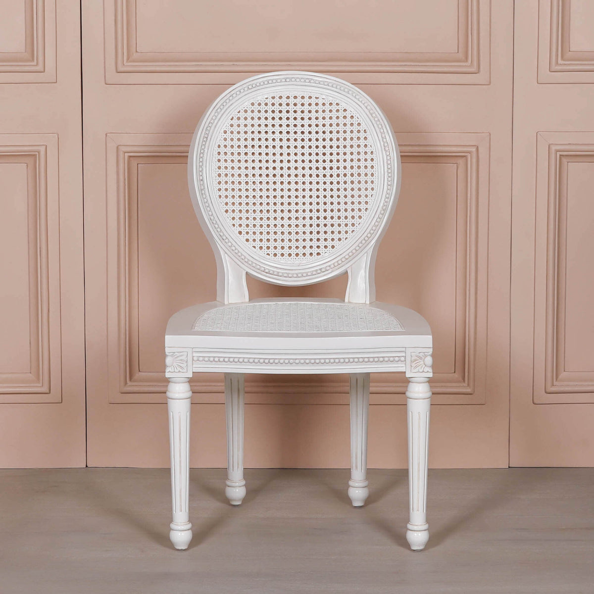 French Chateau Off-White Rattan Dining Chair with Carved Mahogany Frame Dining chair CasaFenix