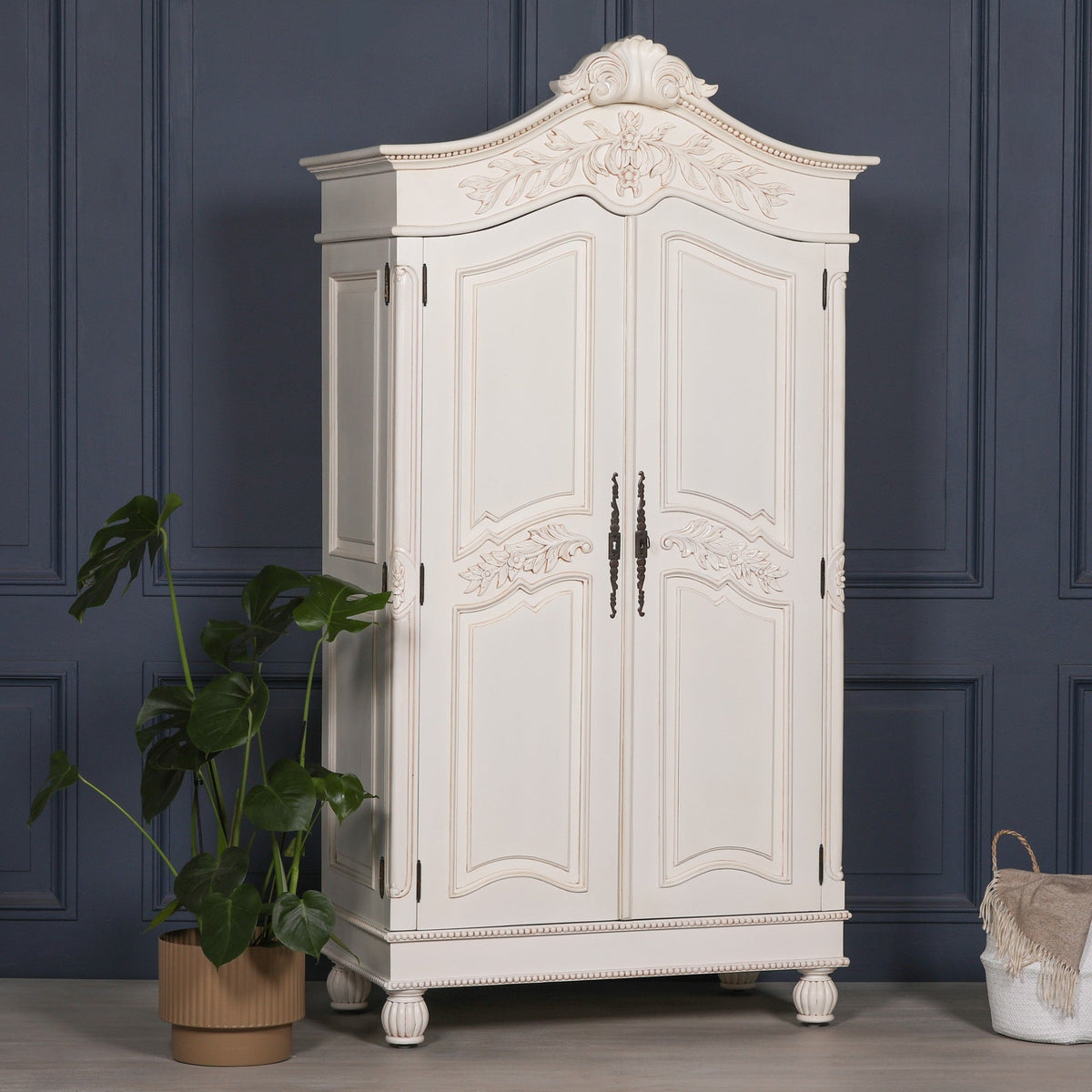 Wooden Carved French Chateau White Double Armoire Armoire CasaFenix