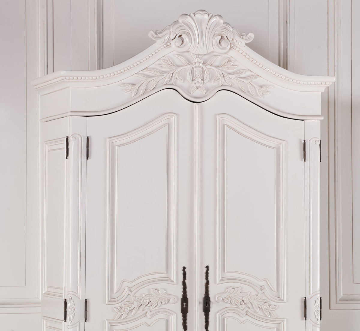 Wooden Carved French Chateau White Double Armoire Armoire CasaFenix