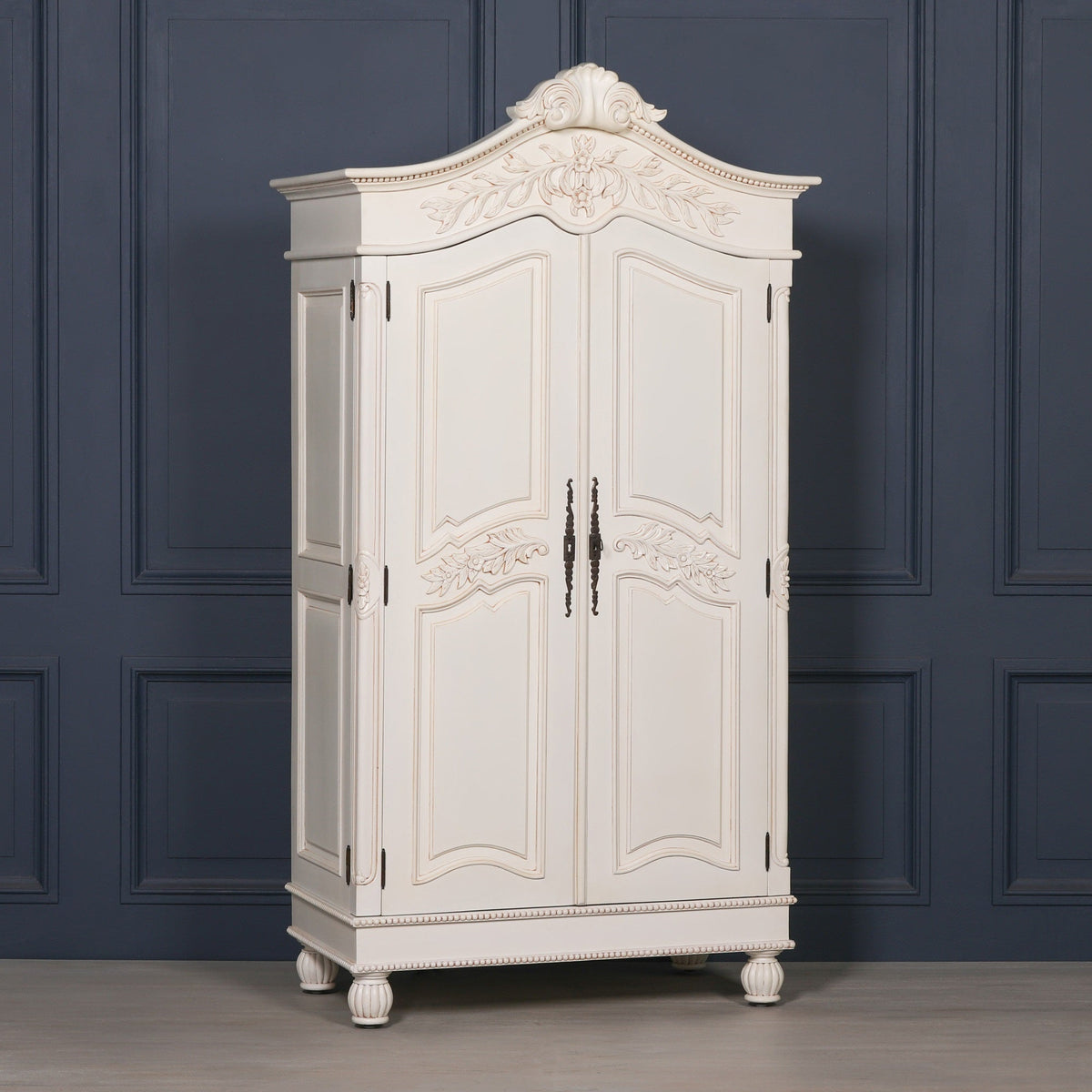 Wooden Carved French Chateau White Double Armoire Armoire CasaFenix