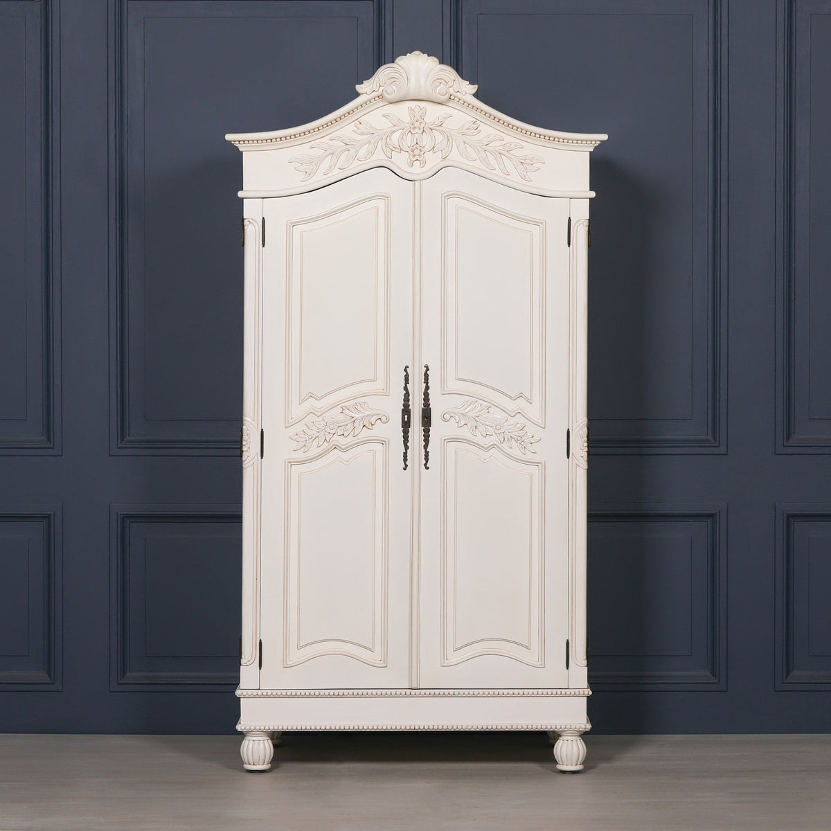 Wooden Carved French Chateau White Double Armoire Armoire CasaFenix
