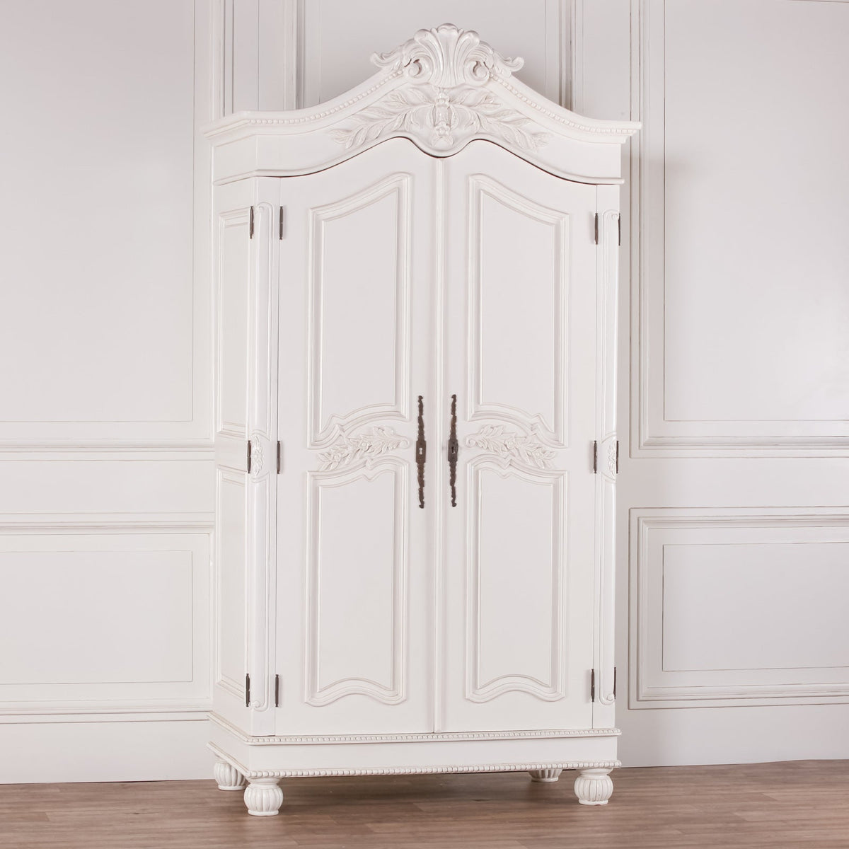 Wooden Carved French Chateau White Double Armoire Armoire CasaFenix