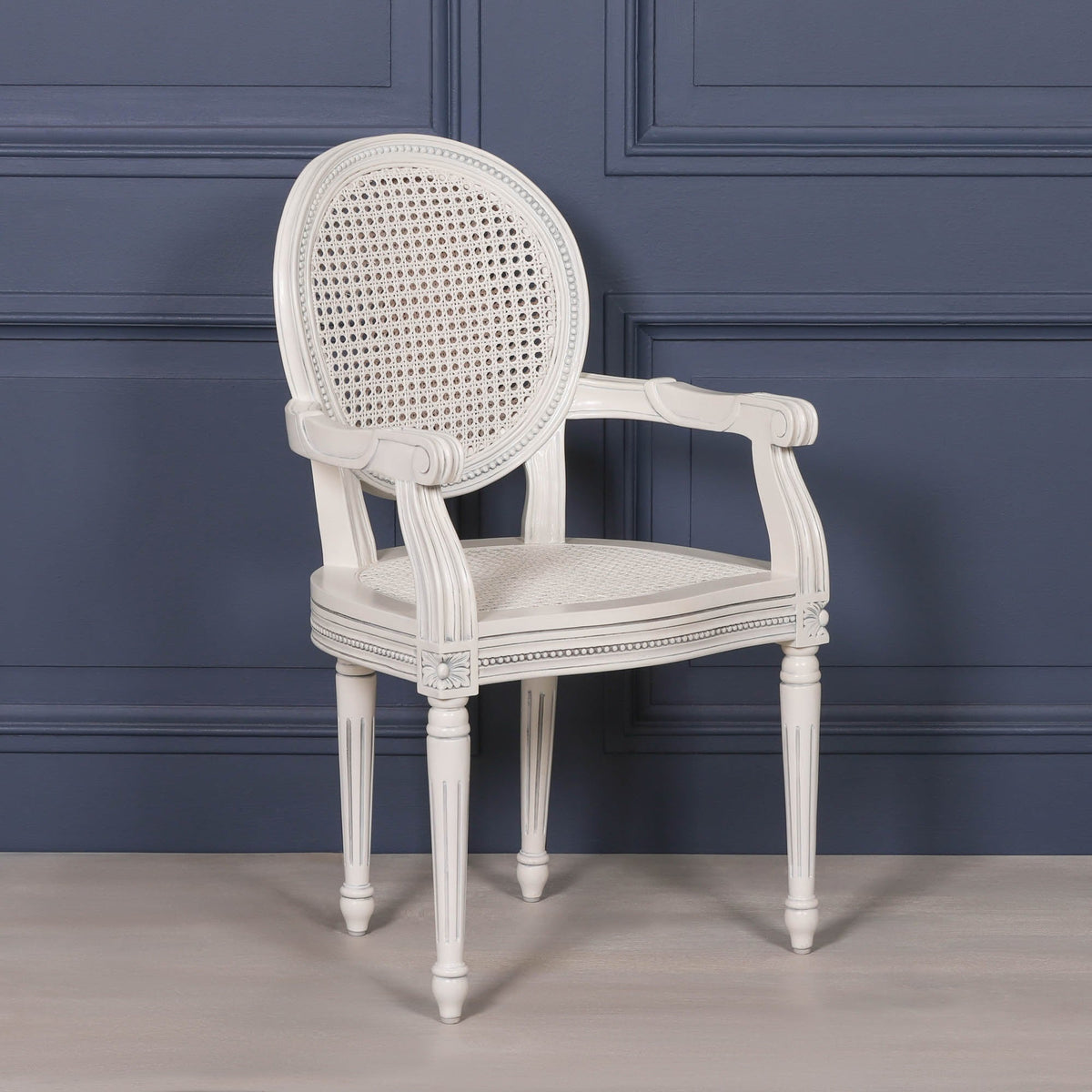 French Chateau Off-White Rattan Carver Armchair with Carved Mahogany Frame Dining chair CasaFenix