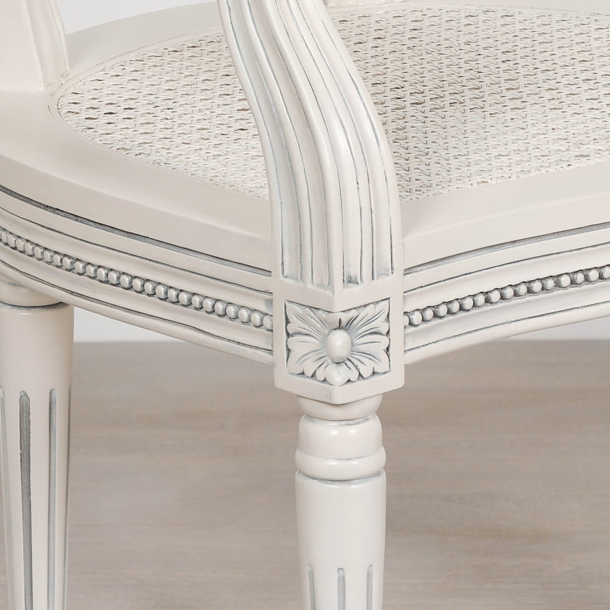 French Chateau Off-White Rattan Carver Armchair with Carved Mahogany Frame Dining chair CasaFenix
