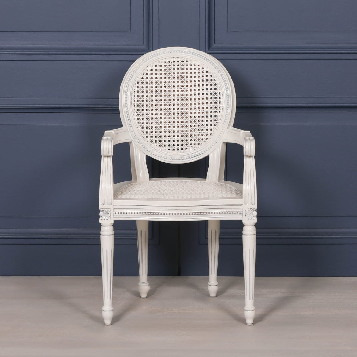 French Chateau Off-White Rattan Carver Armchair with Carved Mahogany Frame Dining chair CasaFenix