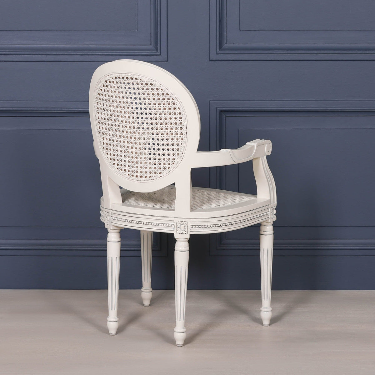 French Chateau Off-White Rattan Carver Armchair with Carved Mahogany Frame Dining chair CasaFenix