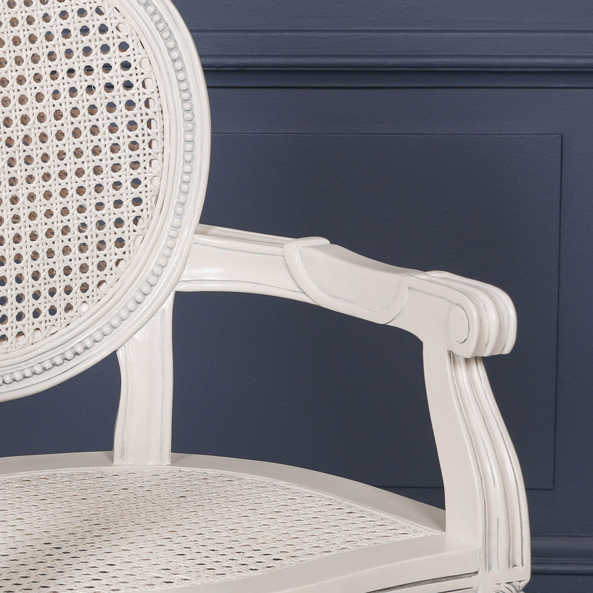 French Chateau Off-White Rattan Carver Armchair with Carved Mahogany Frame Dining chair CasaFenix