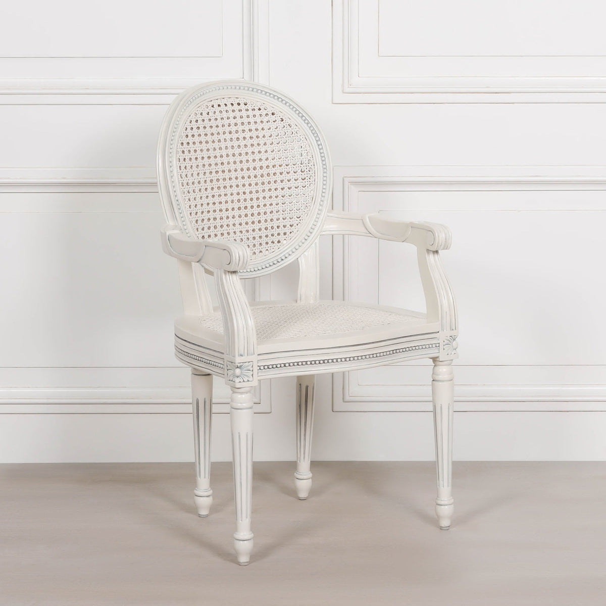 French Chateau Off-White Rattan Carver Armchair with Carved Mahogany Frame Dining chair CasaFenix
