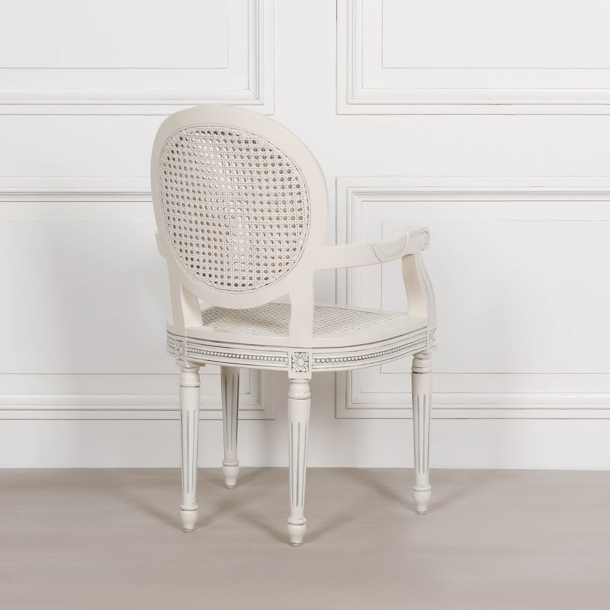 French Chateau Off-White Rattan Carver Armchair with Carved Mahogany Frame Dining chair CasaFenix