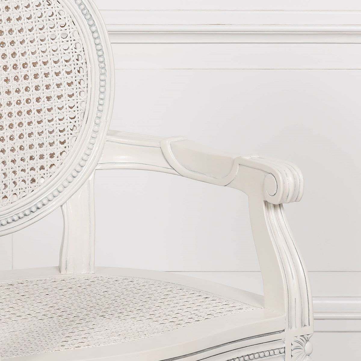 French Chateau Off-White Rattan Carver Armchair with Carved Mahogany Frame Dining chair CasaFenix