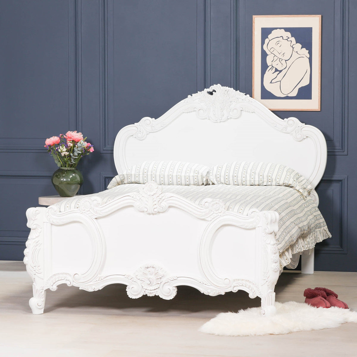 French Rococo White Hand-Carved Rose and Cherub Double Bed Frame 4ft6 Beds & Bed Frames CasaFenix