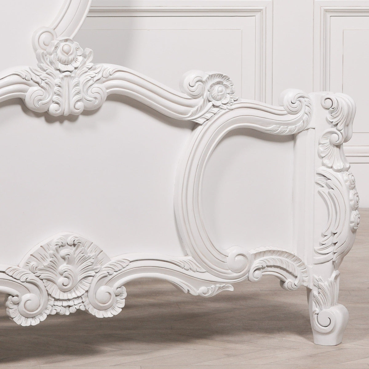 French Rococo White Hand-Carved Rose and Cherub Double Bed Frame 4ft6 Beds & Bed Frames CasaFenix