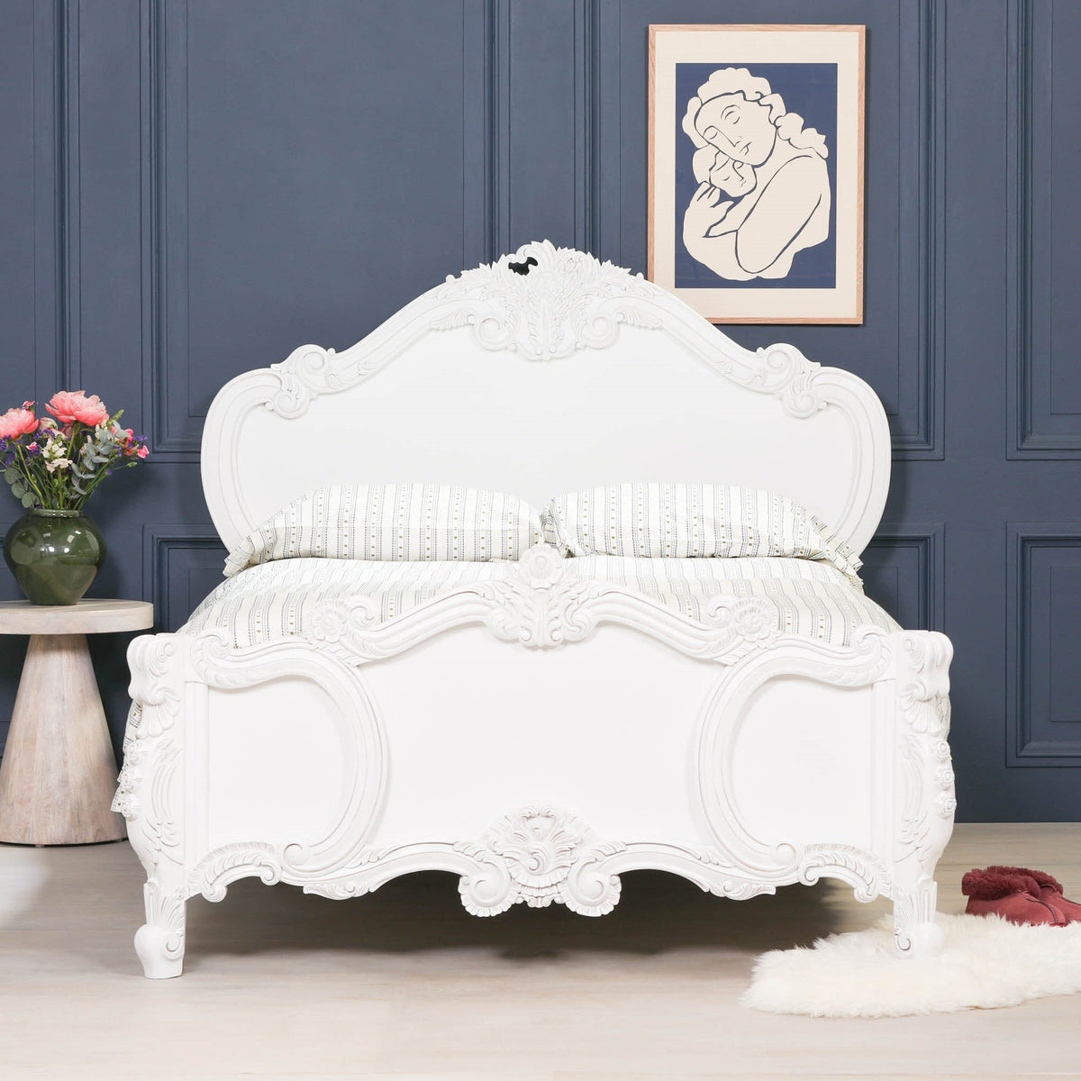 French Rococo White Hand-Carved Rose and Cherub Double Bed Frame 4ft6 Beds & Bed Frames CasaFenix