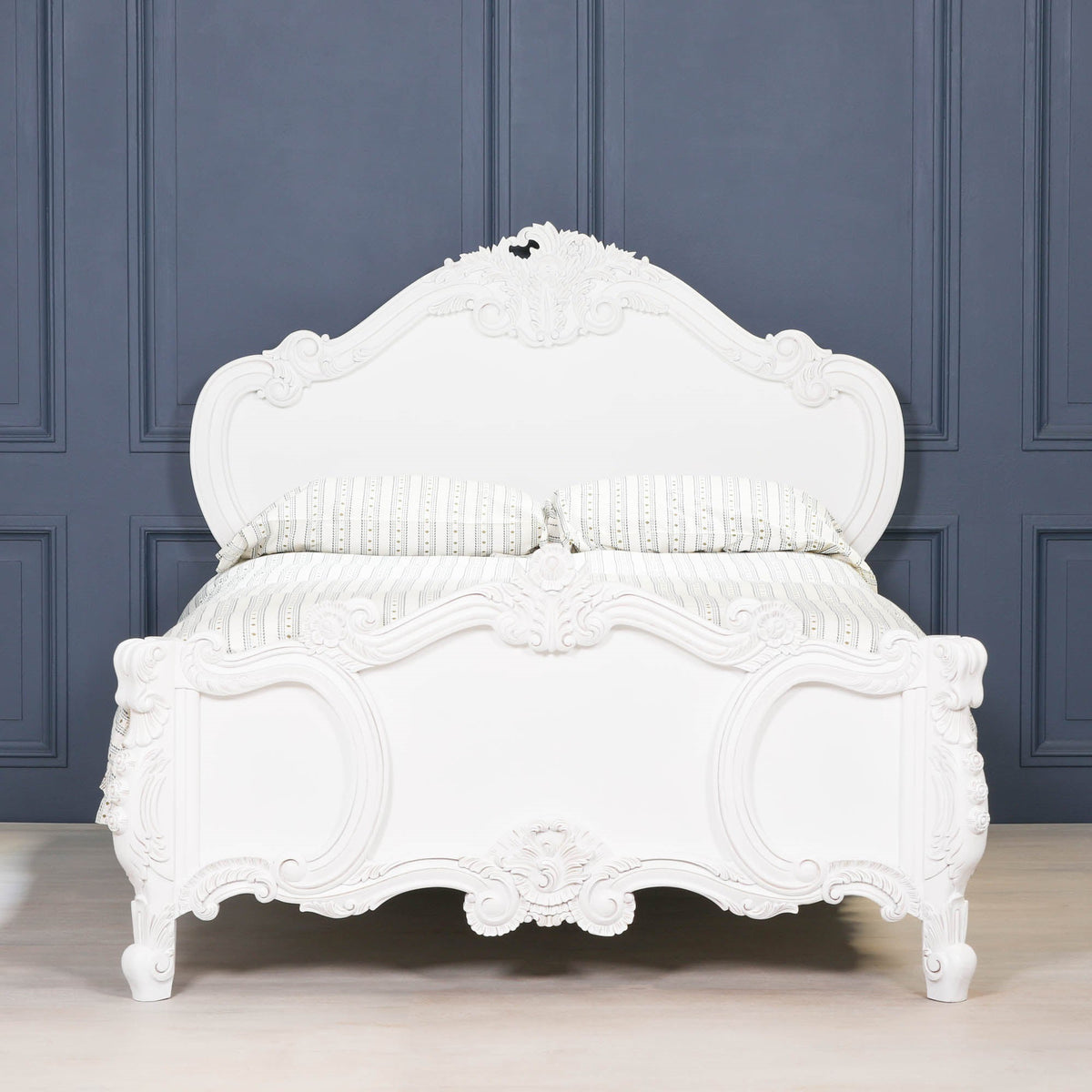 French Rococo White Hand-Carved Rose and Cherub Double Bed Frame 4ft6 Beds & Bed Frames CasaFenix