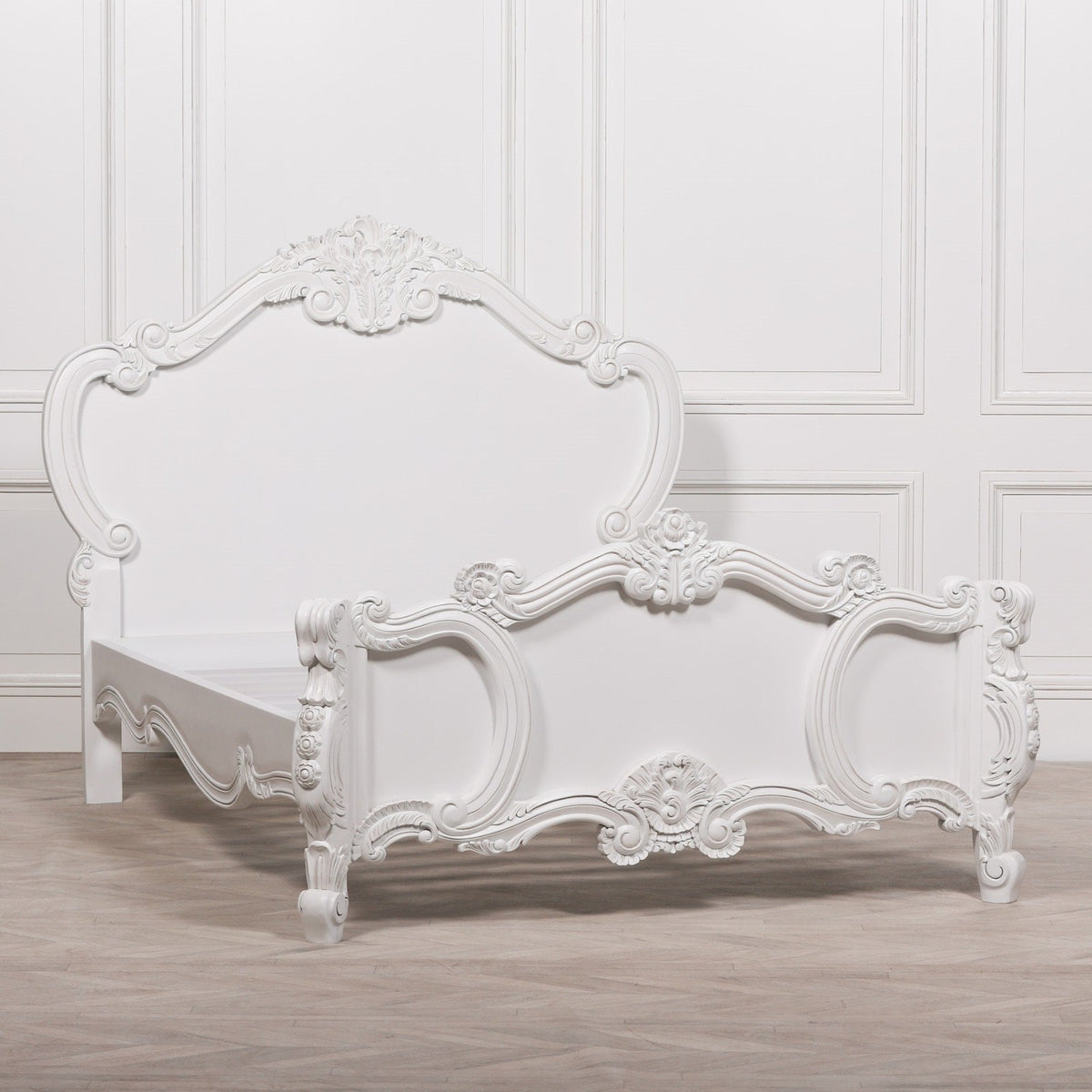 French Rococo White Hand-Carved Rose and Cherub King Size Bed Frame 5ft Beds & Bed Frames CasaFenix