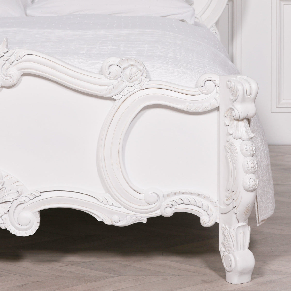 French Rococo White Hand-Carved Rose and Cherub King Size Bed Frame 5ft Beds & Bed Frames CasaFenix