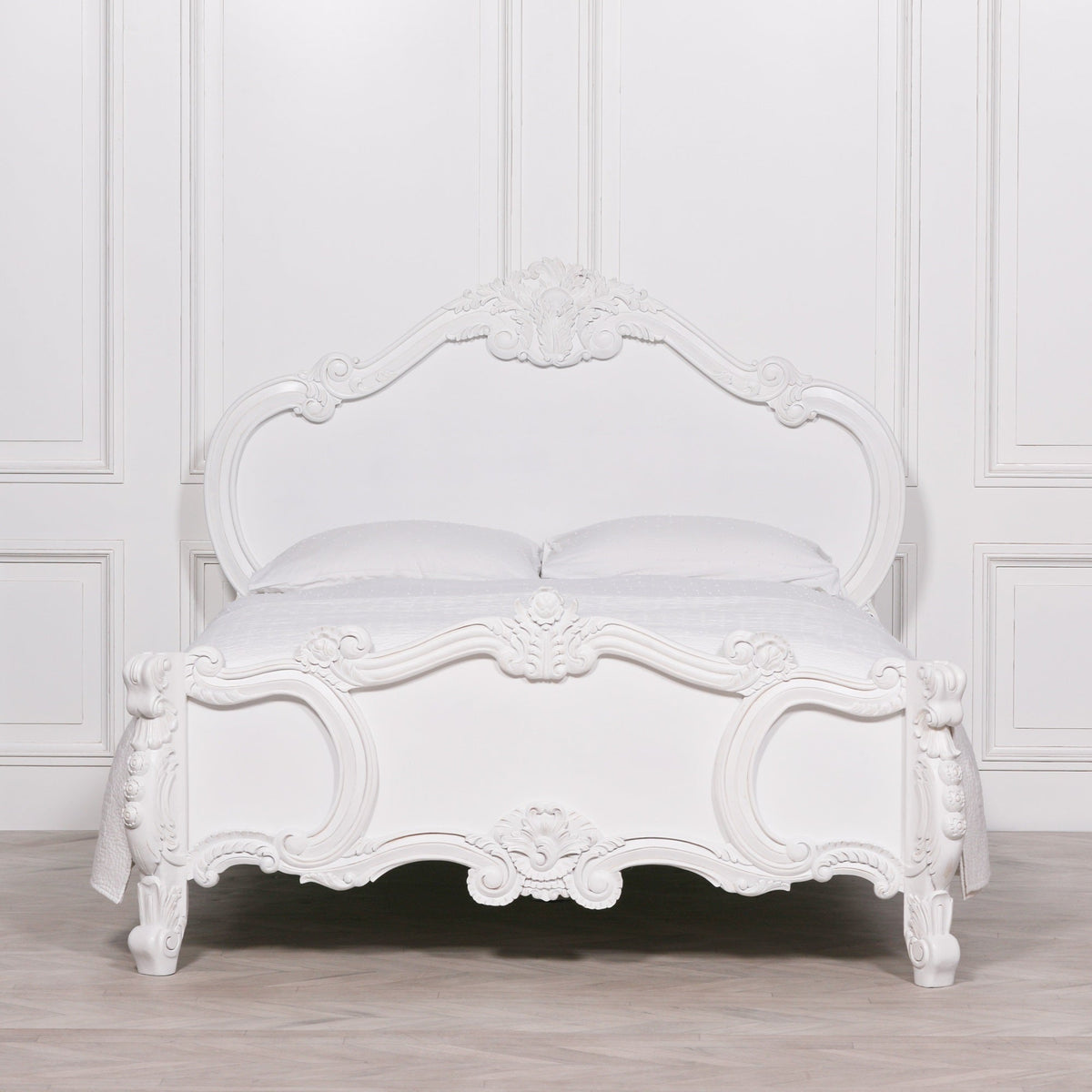 French Rococo White Hand-Carved Rose and Cherub King Size Bed Frame 5ft Beds & Bed Frames CasaFenix