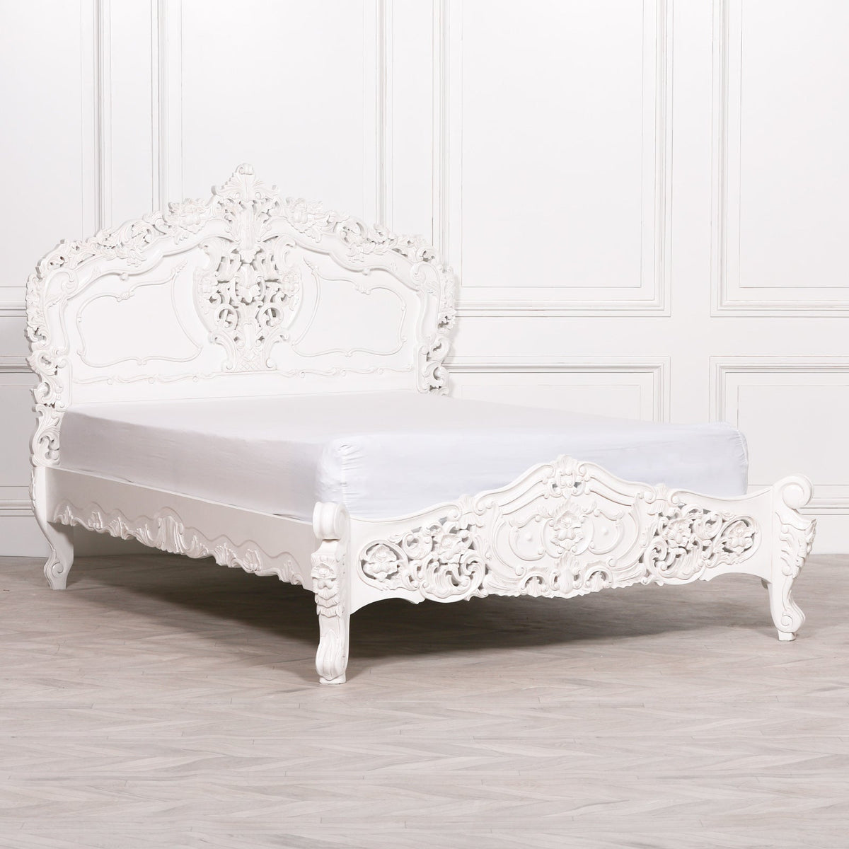 French Rococo Off-White Hand-Carved King Size Bed Frame 5ft Beds & Bed Frames CasaFenix