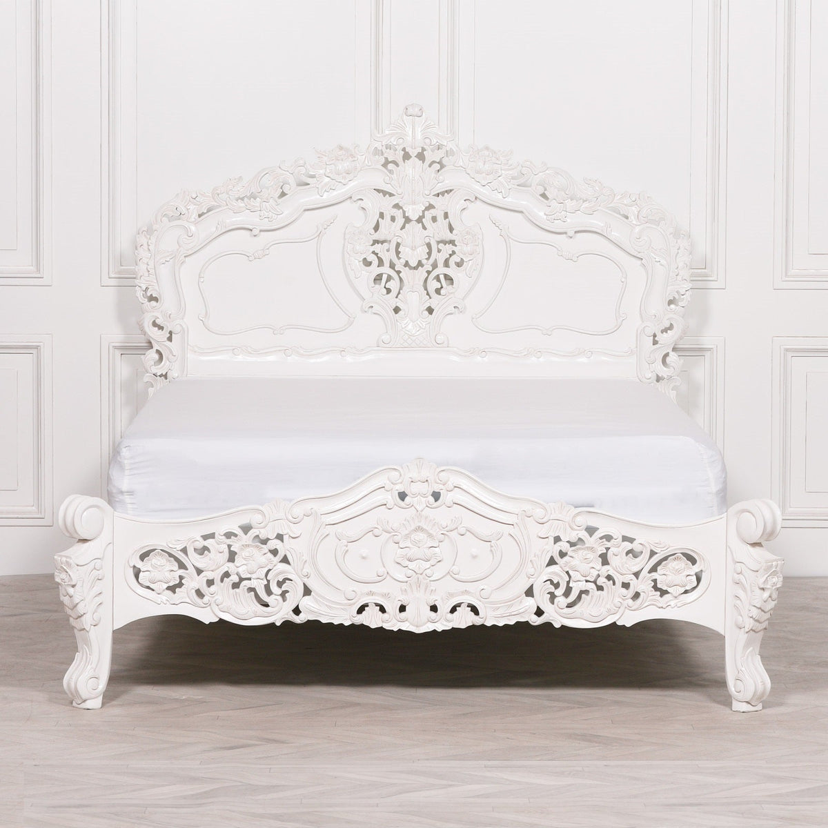 French Rococo Off-White Hand-Carved King Size Bed Frame 5ft Beds & Bed Frames CasaFenix