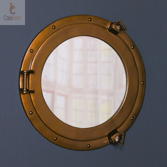 Medium Antiqued Brass Style Port Hole Mirror - CasaFenix
