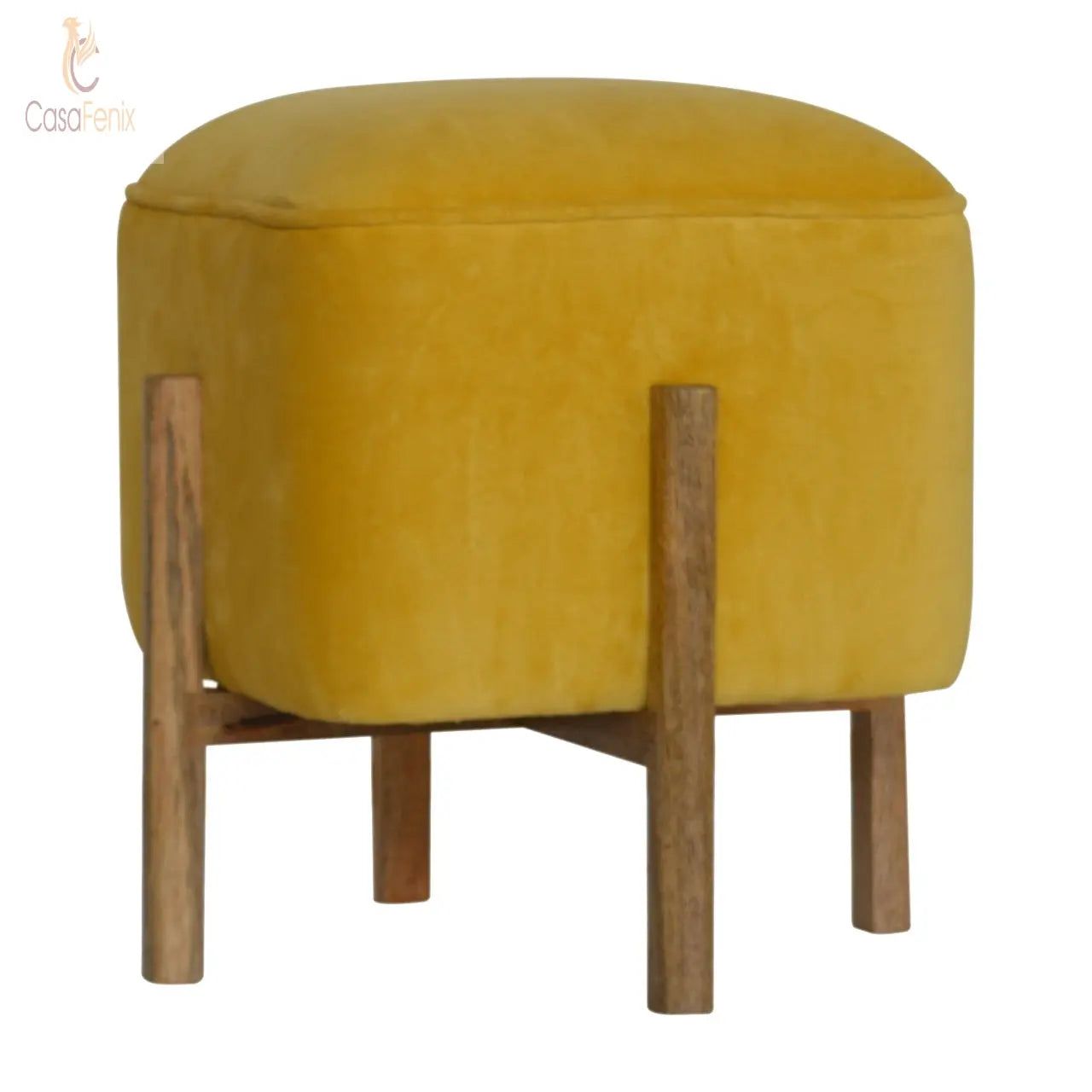 Mustard Velvet Footstool with Solid Mango Wood Legs - CasaFenix