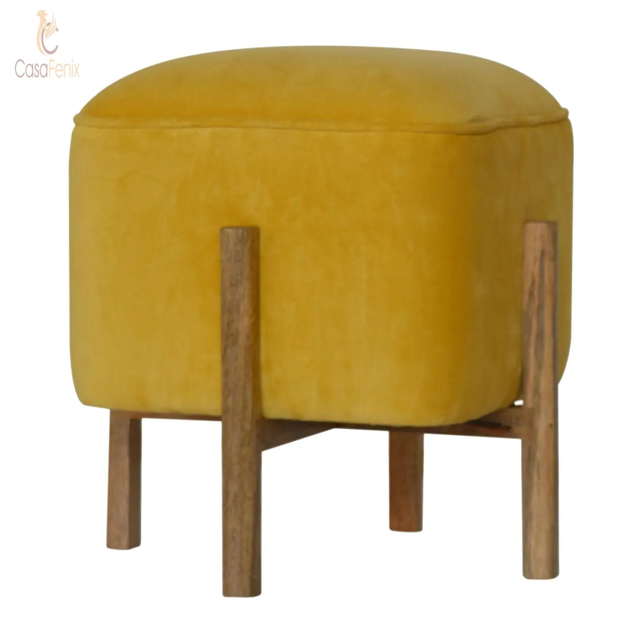Mustard Velvet Footstool with Solid Mango Wood Legs - CasaFenix