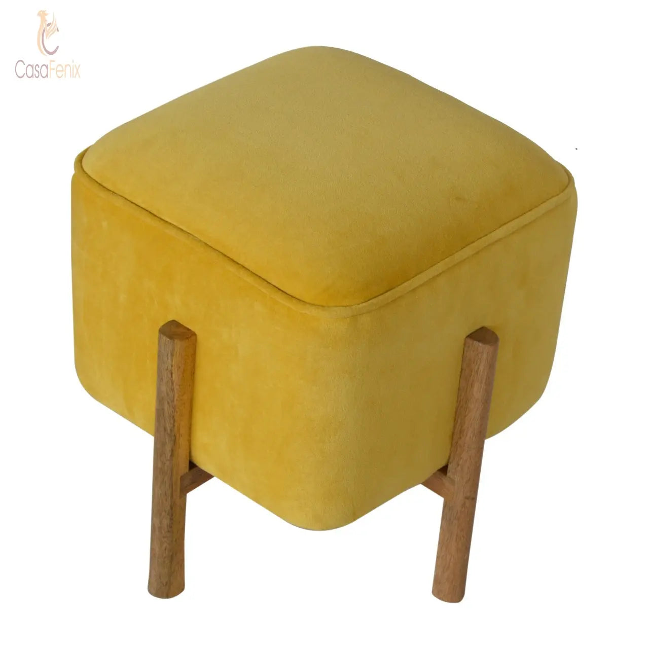 Mustard Velvet Footstool with Solid Mango Wood Legs - CasaFenix