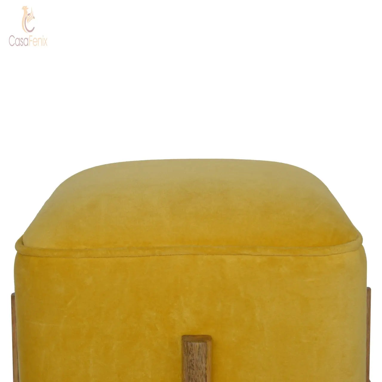 Mustard Velvet Footstool with Solid Mango Wood Legs - CasaFenix