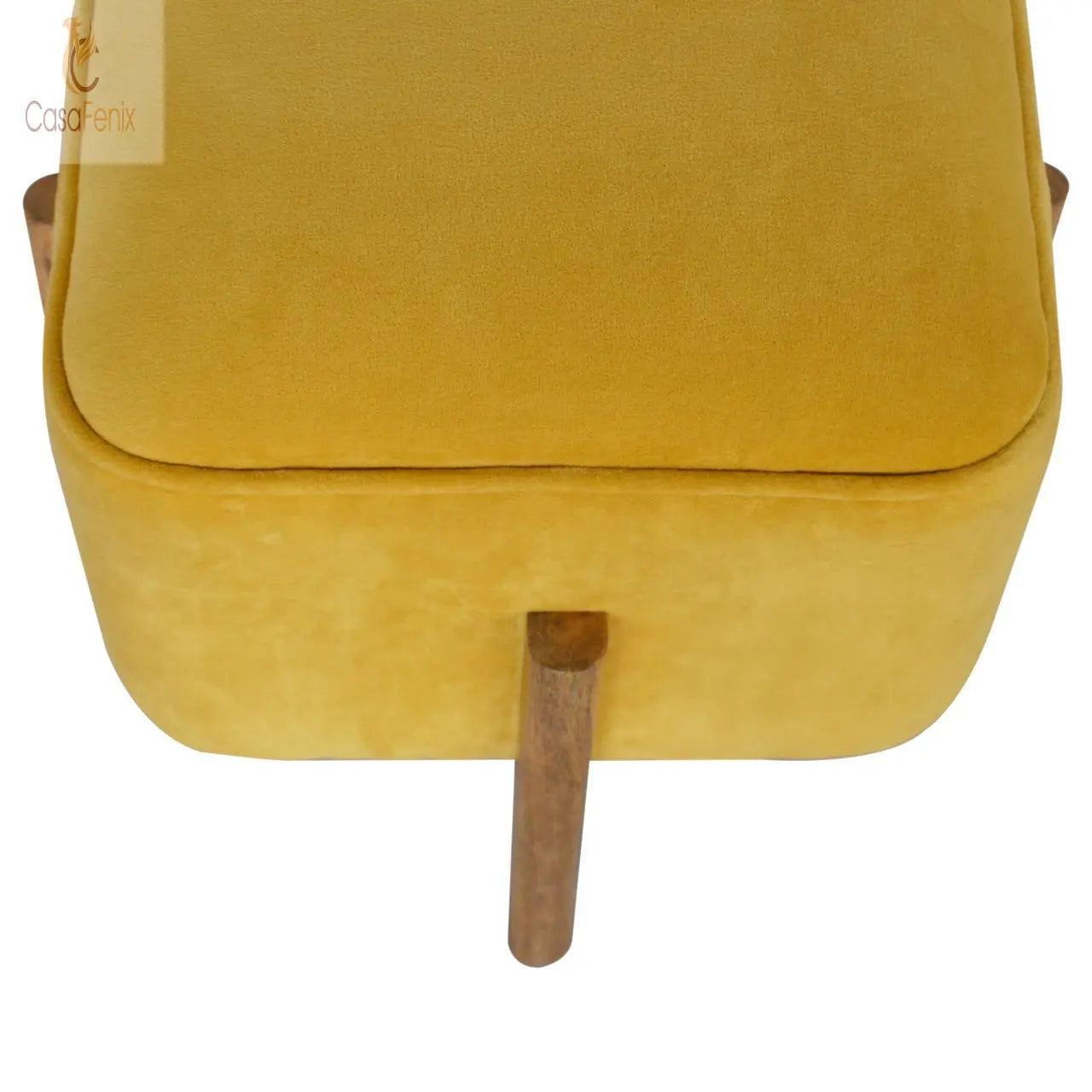 Mustard Velvet Footstool with Solid Mango Wood Legs - CasaFenix