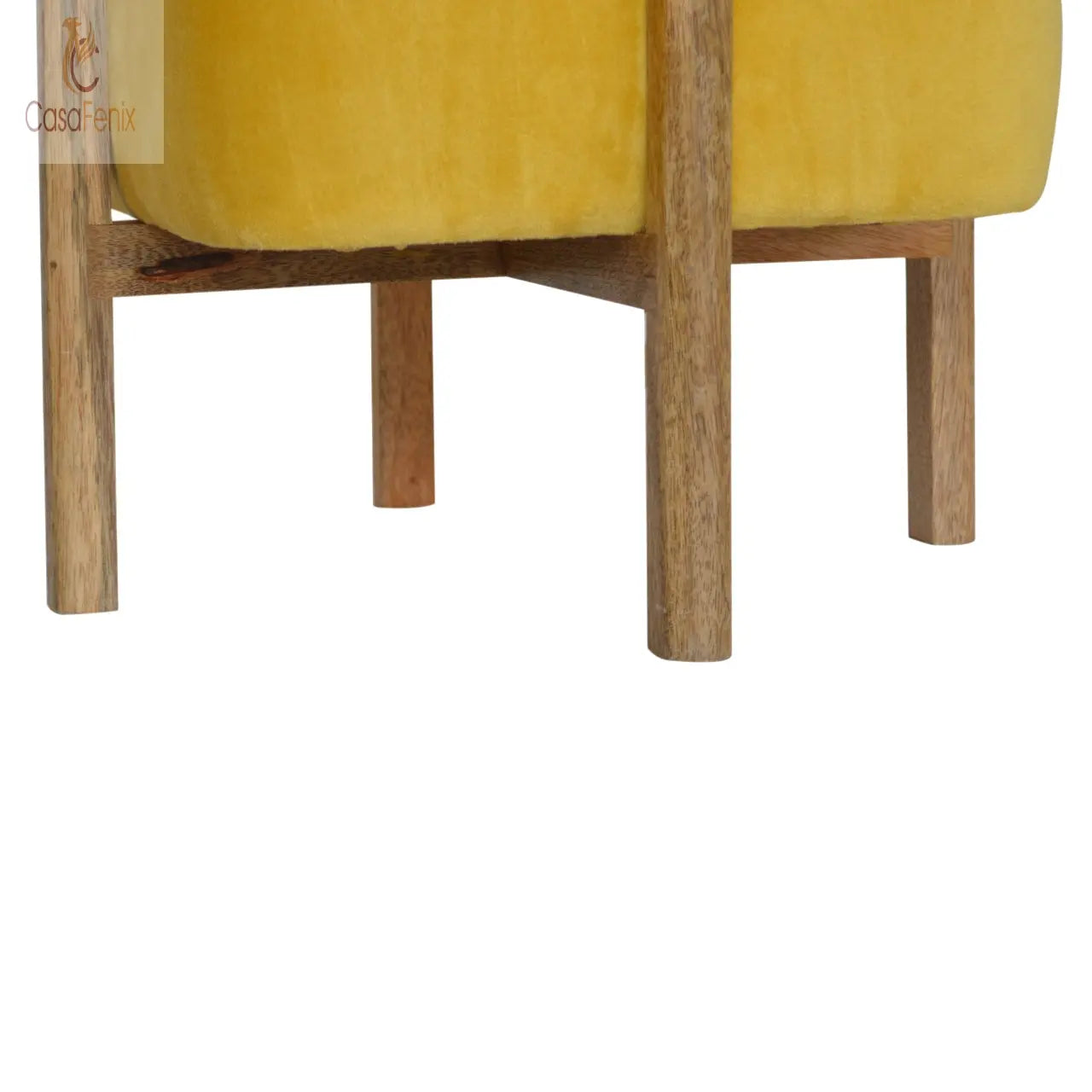Mustard Velvet Footstool with Solid Mango Wood Legs - CasaFenix