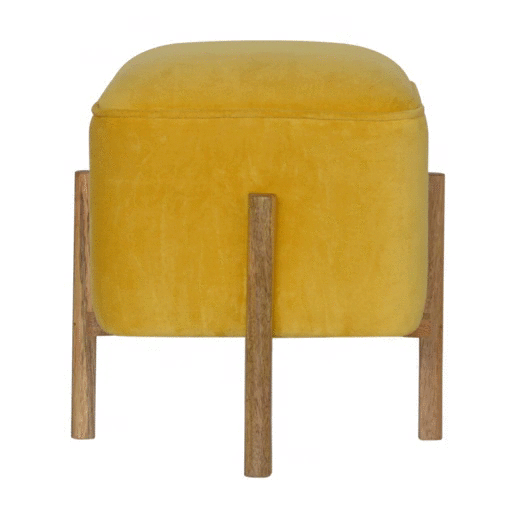 Mustard Velvet Footstool with Solid Mango Wood Legs - CasaFenix