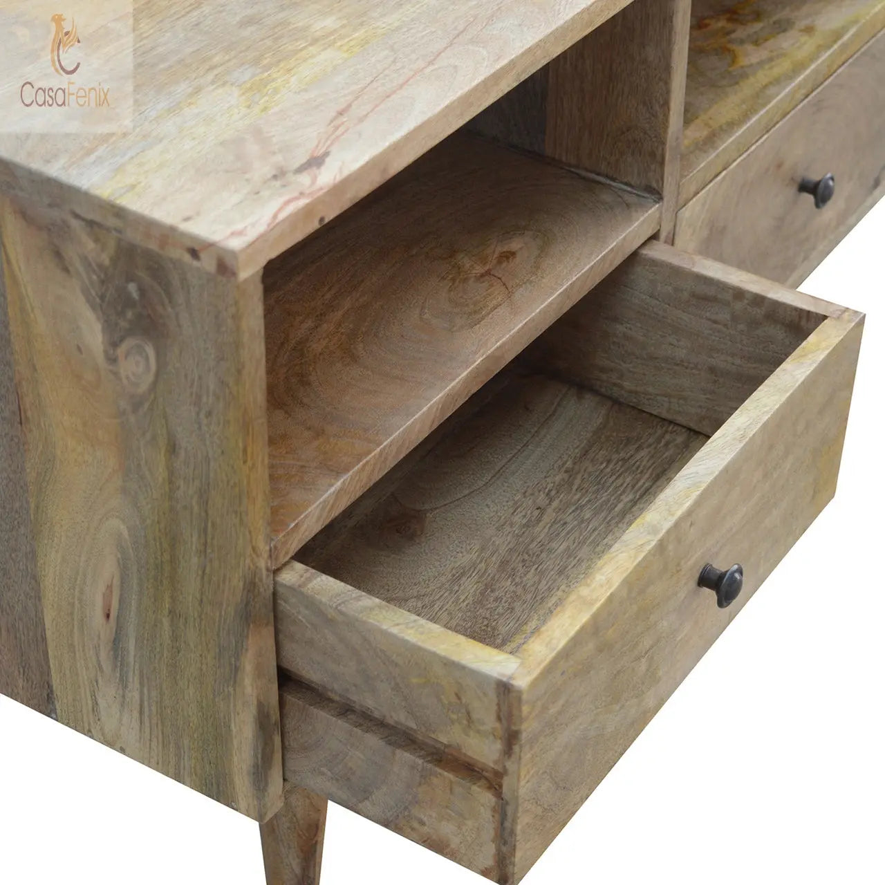 Nordic Style TV Unit with 3 Drawers 100% solid mango wood, in a fine oak-ish finish - CasaFenix