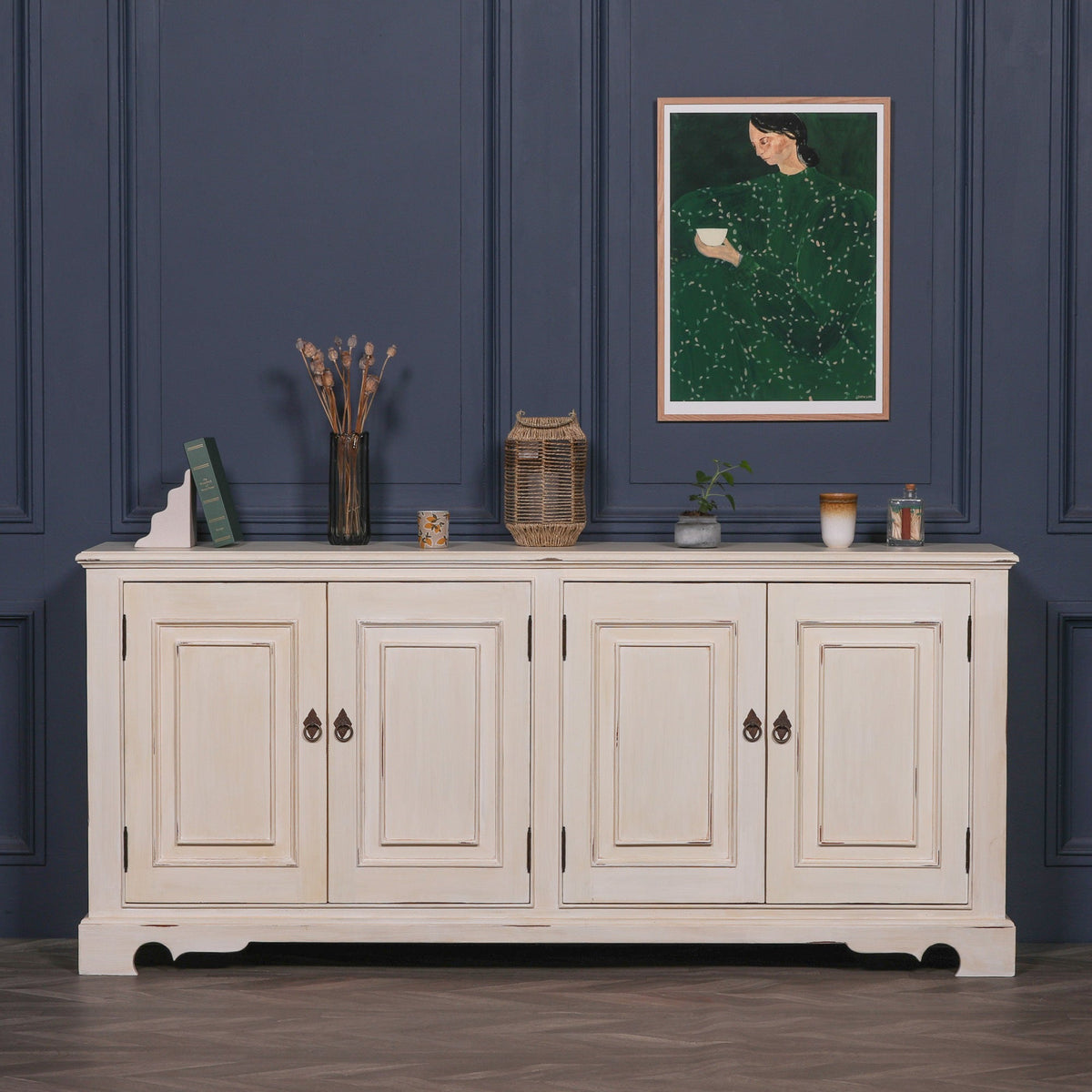 Distressed Aged White Carved Mahogany 4-Door Sideboard 200cm Buffets & Sideboards CasaFenix