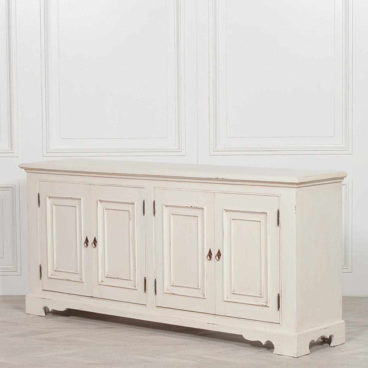 Distressed Aged White Carved Mahogany 4-Door Sideboard 200cm Buffets & Sideboards CasaFenix