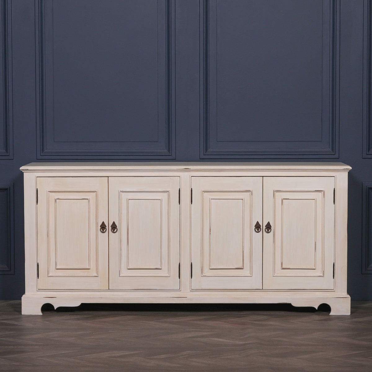 Distressed Aged White Carved Mahogany 4-Door Sideboard 200cm Buffets & Sideboards CasaFenix