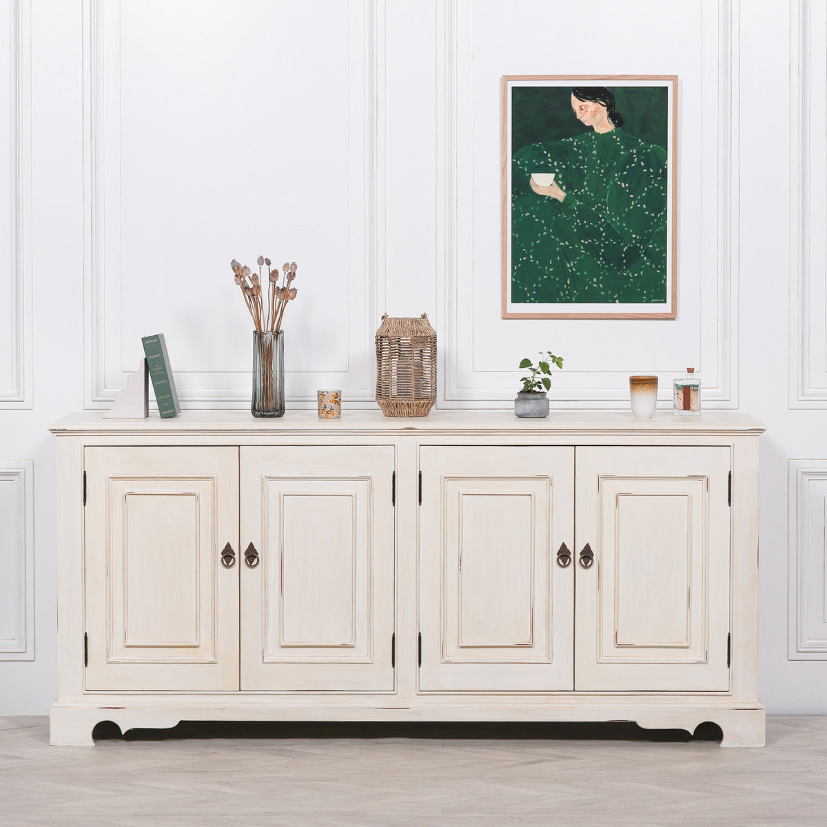 Distressed Aged White Carved Mahogany 4-Door Sideboard 200cm Buffets & Sideboards CasaFenix