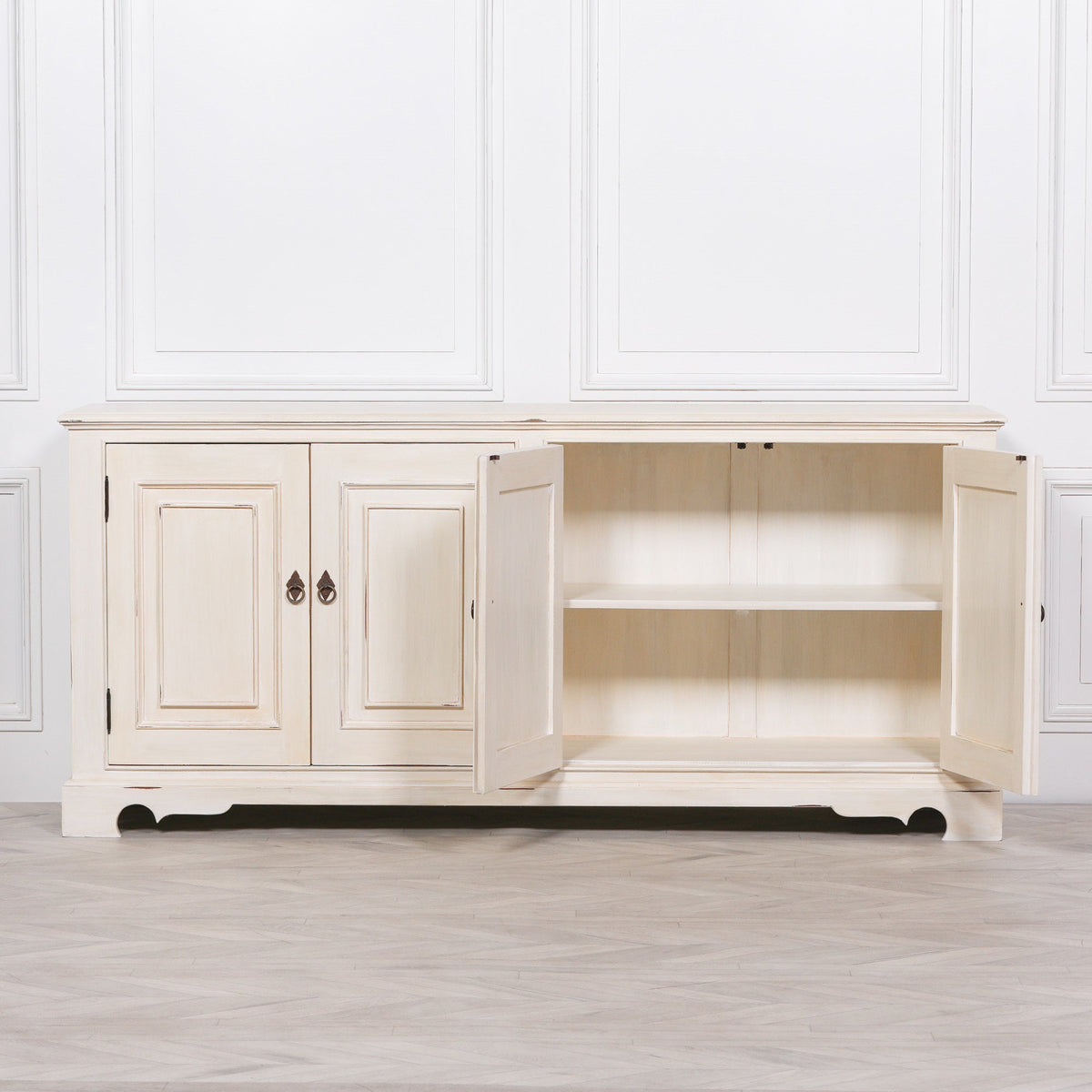 Distressed Aged White Carved Mahogany 4-Door Sideboard 200cm Buffets & Sideboards CasaFenix