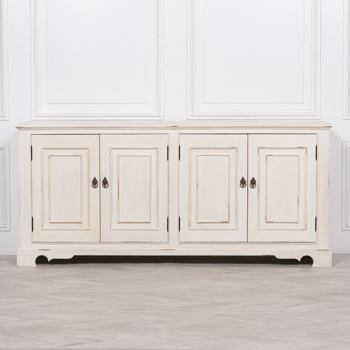 Distressed Aged White Carved Mahogany 4-Door Sideboard 200cm Buffets & Sideboards CasaFenix