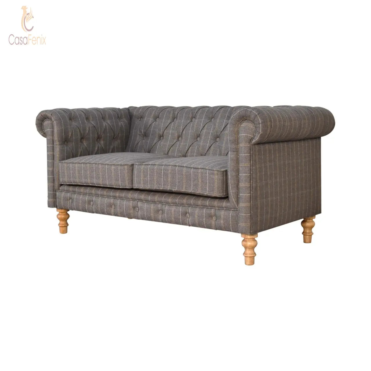 Pewter Tweed Chesterfield 2 Seater Button Back Upholstered Sofa - CasaFenix
