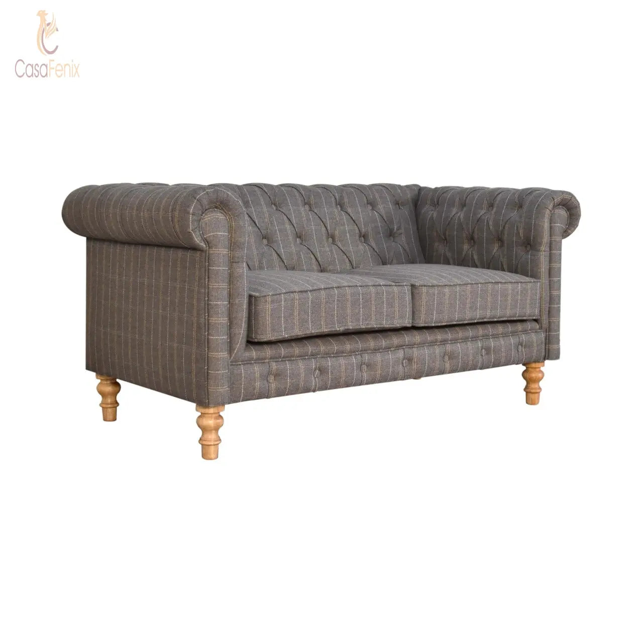 Pewter Tweed Chesterfield 2 Seater Button Back Upholstered Sofa - CasaFenix