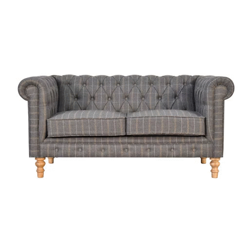 Pewter Tweed Chesterfield 2 Seater Button Back Upholstered Sofa - CasaFenix