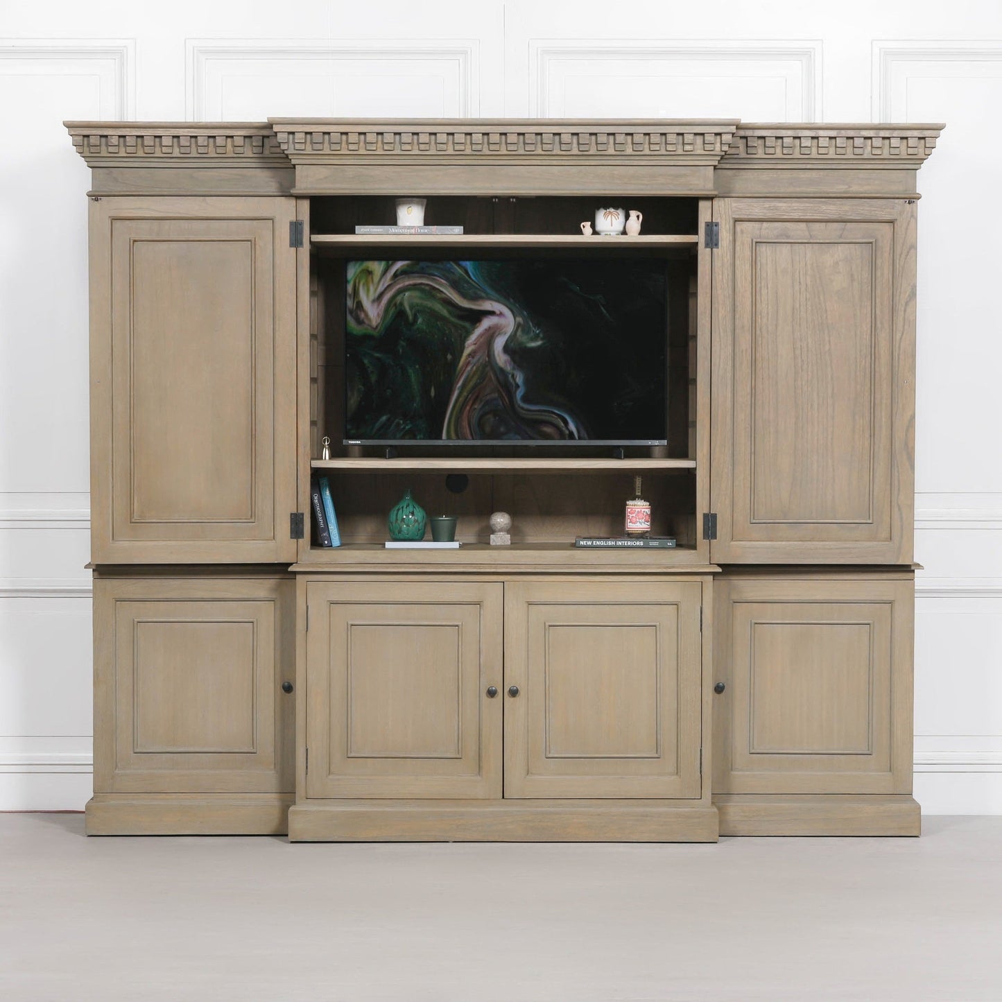 Large Wooden Triple Breakfront TV Cabinet made with White Cedar Wood Display Cabinet CasaFenix