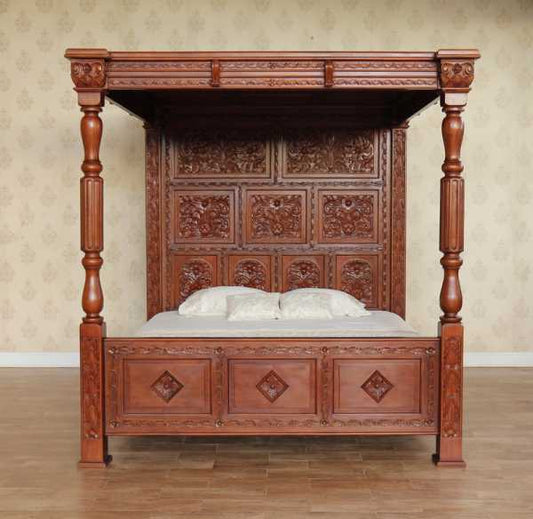 Reproduction Tudor Style Solid Mahogany Four Poster Mahogany Bed With Ceiling - CasaFenix