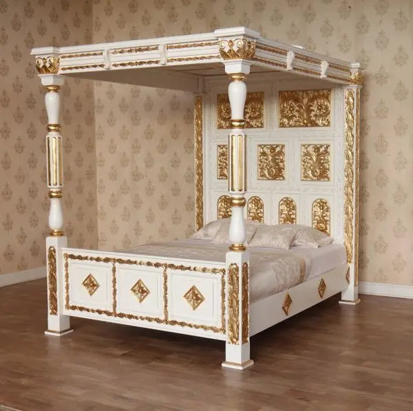 Reproduction Tudor Style Solid Mahogany Four Poster Mahogany Bed With Ceiling - CasaFenix