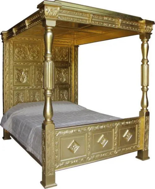Reproduction Tudor Style Solid Mahogany Four Poster Mahogany Bed With Ceiling - CasaFenix