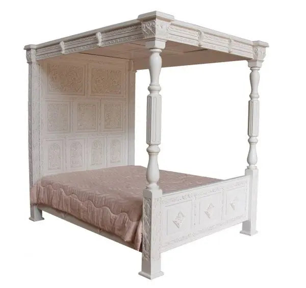 Reproduction Tudor Style Solid Mahogany Four Poster Mahogany Bed With Ceiling - CasaFenix