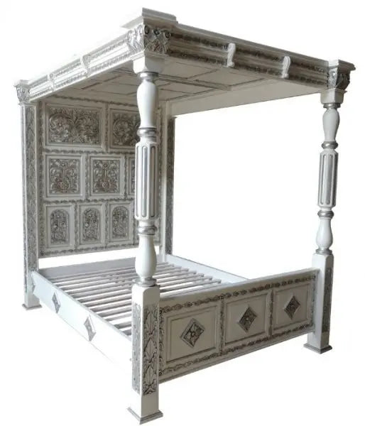 Reproduction Tudor Style Solid Mahogany Four Poster Mahogany Bed With Ceiling - CasaFenix