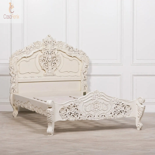 Rococo 4ft6 Double Size Carved Bed Off White Paint Finish - CasaFenix